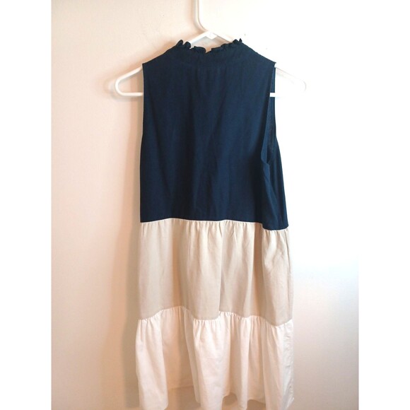 52 Seven Women’s M Linen Blend Color Block  Navy Blue Tan White Tiered Dress - Picture 8 of 9
